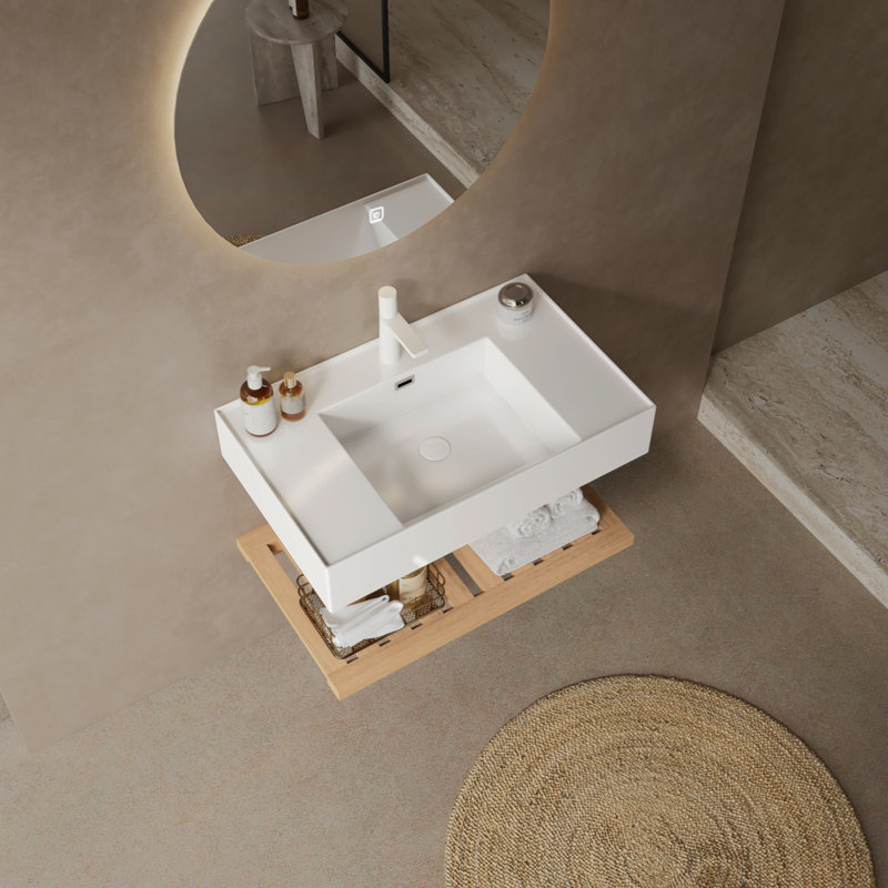 Meuble-lavabo de salle de bain avec lavabo vasque, lavabo flottant rectangulaire intégré en acrylique intégré sans robinet, étagère rayée