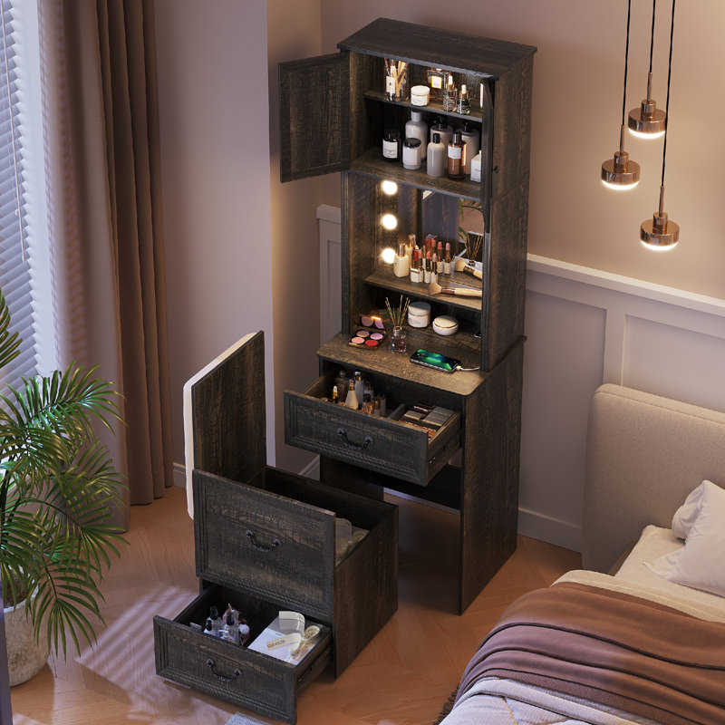 Small Makeup Vanity Set with LED Lights, Rustic Brown