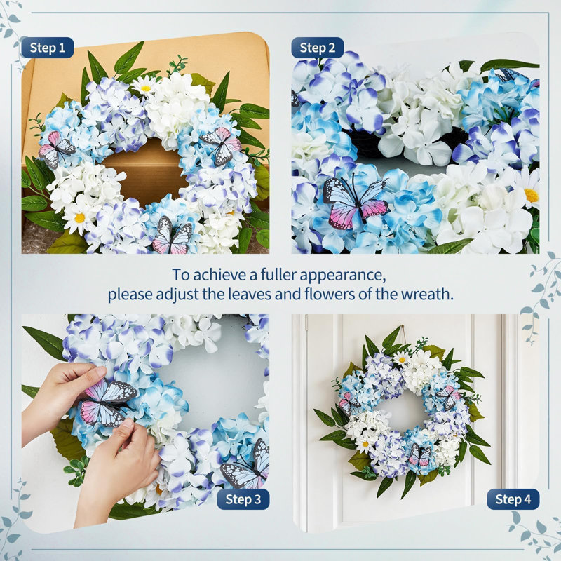 Couronne de printemps 20 po pour porte d'entrée, couronne d'hortensias artificiels bleus et blancs avec marguerite papillon pour décoration murale
