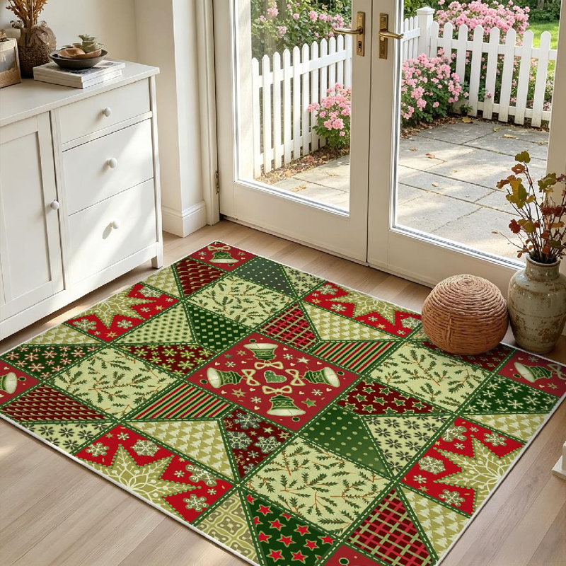 Tapis intérieur rouge lavable à la machine, motif de courtepointe décoratif de Noël, Rectangle 39 po x 63 po