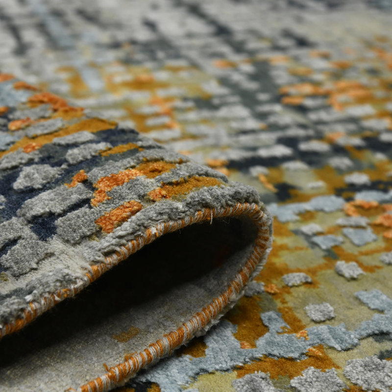 Gray Abstract Hand-Knotted Wool and Silk 9'x12' Rug