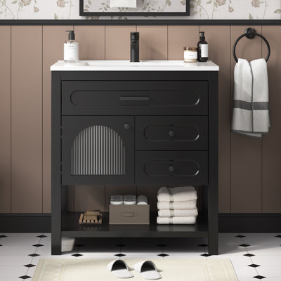 30" Freestanding Single Solid Wood Frame Bathroom Vanity with Composite Solid Surface Top