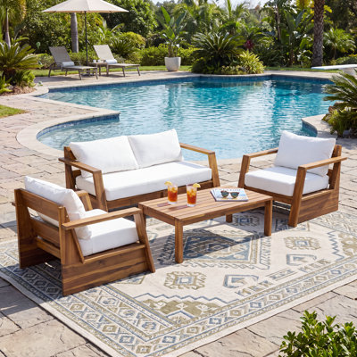 Veda 4-Person Modern Outdoor Natural Solid Acacia Wood Conversation Set with Chairs, Sofa & Coffee Table for Patio and Porch