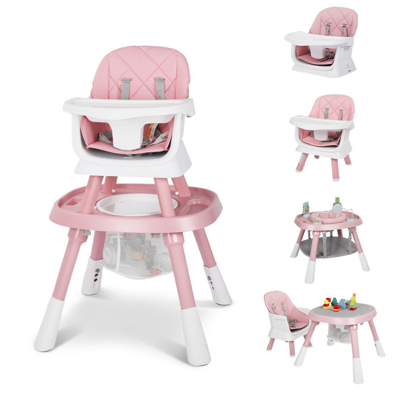 Foldable High Chair for Babies & Toddlers, Adjustable Height, Recline, Storage Basket, Double Trays, Easy to Clean, Pink