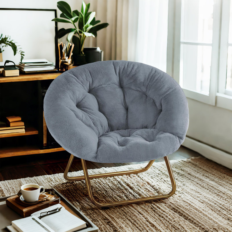Cozy Saucer Chairs Faux Fur Living Room Reading Lounge Furniture Folding Comfy With Soft Thick Padded Seat Metal Frame Modern Style For Bedroom Home Adults, X-Large