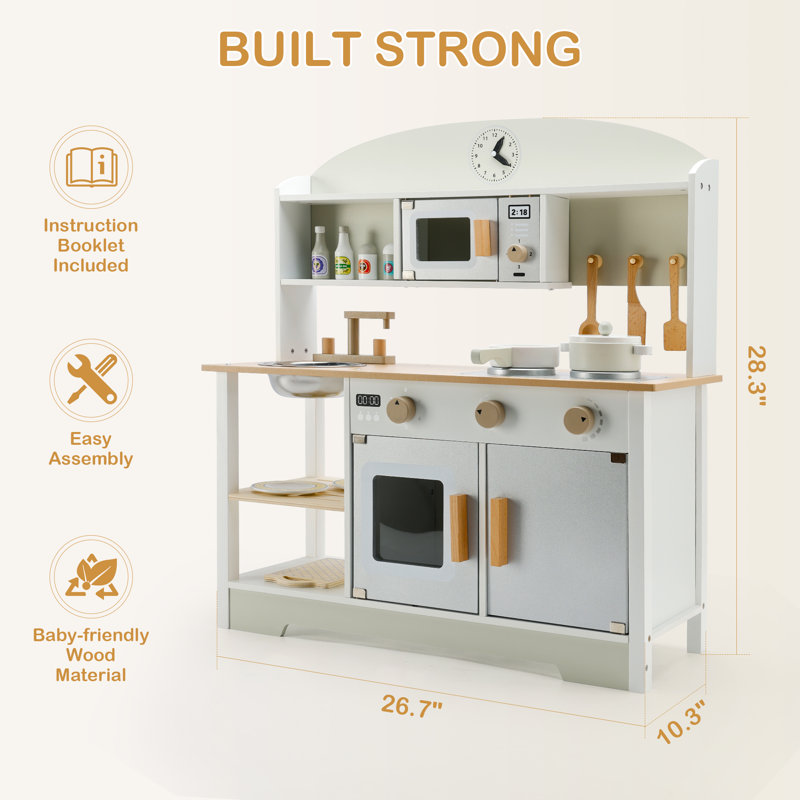 Wooden Kids Play Kitchen Playset with Toy Microwave, Sink, Stovetop, Roaster, Utensils