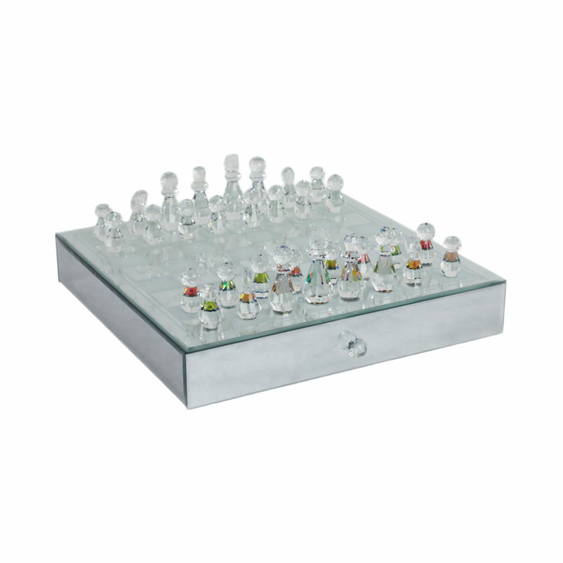 Crystal and Mirrored Glass Chess Set with Silver Accents