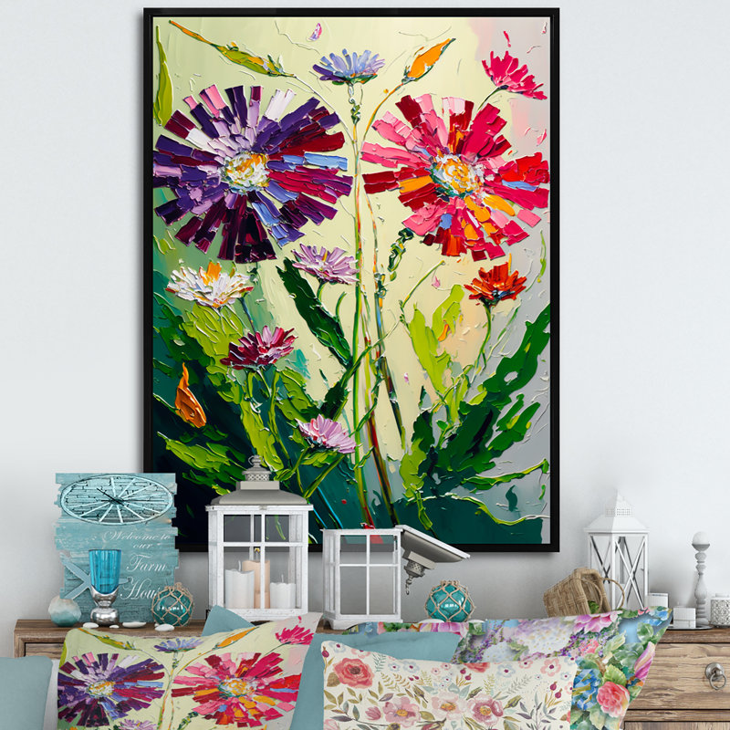 Fleurs sauvages rouges et mauves - reproduction sur toile, H 32 po x l 24 po x P 1 po, Cadre flottant noir