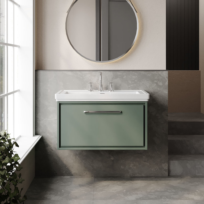 Hudson Reed Lille 600mm Fern Green 1 Drawer  Wall Hung Vanity Unit With 3 Tap Holes Fireclay Basin, Fern Green, 83cm W