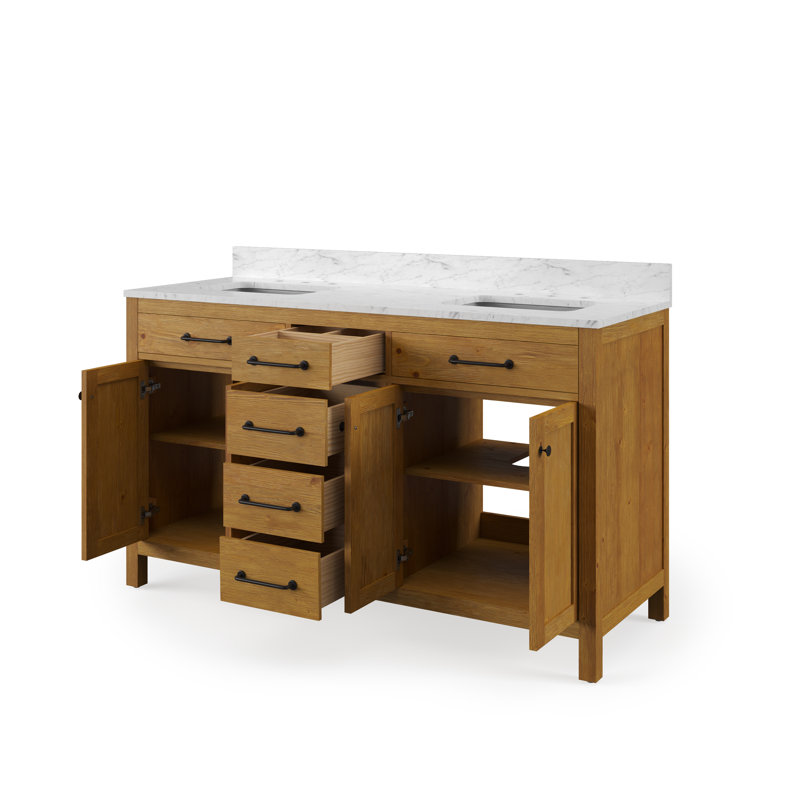 Berryman 60 In. Double Sinks Carrara White Engineered Marble Countertop Bath Vanity In Sierra Oak