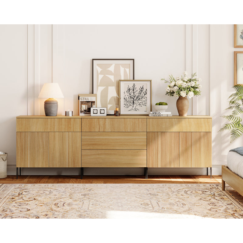 Ensemble de commodes à 5 tiroirs 94,5 po Modern Reeded, commode minimaliste avec rangement, commode en bois pour salon, chambre à coucher, entrée