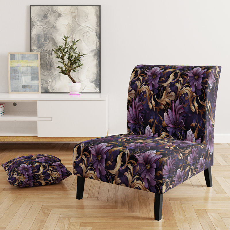 Fauteuil de chambre moderne et glamour à motif damassé doré et mauve II