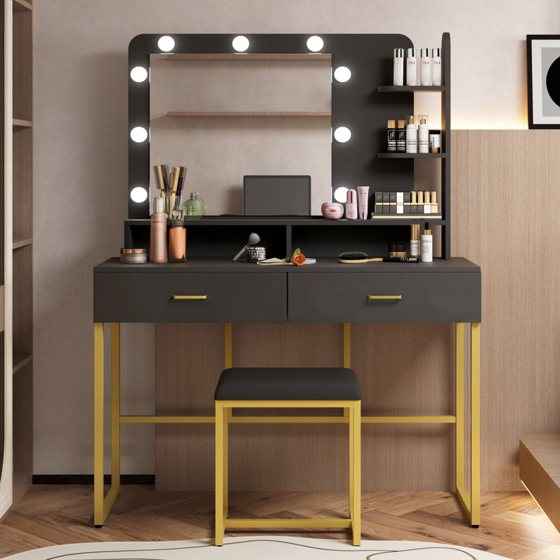 Vanity Desk With Mirror And Lights, Makeup Vanity Set With 2 Drawers & 3 Open Shelves, Black