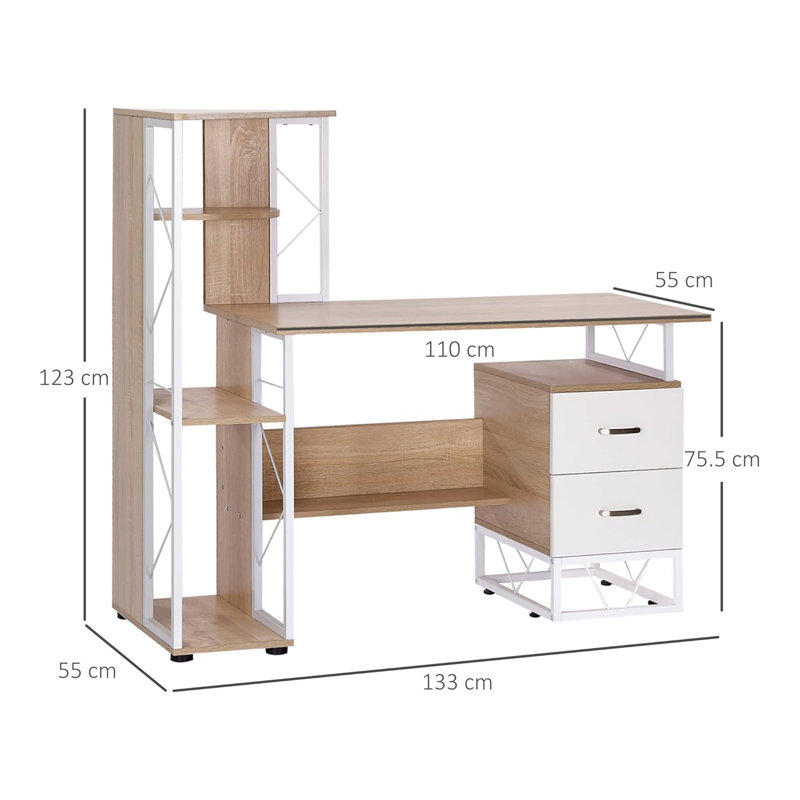 Computer Desk with Drawers and Bookshelf
