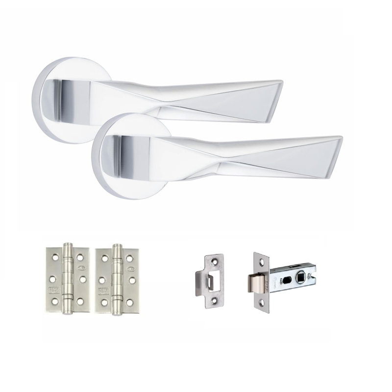 6 Sets Modern Aura Design Premium Door Handles on Round Rose in Polished Chrome with 2.5" Latch and 1 Pair of Ball Bearing Hinges