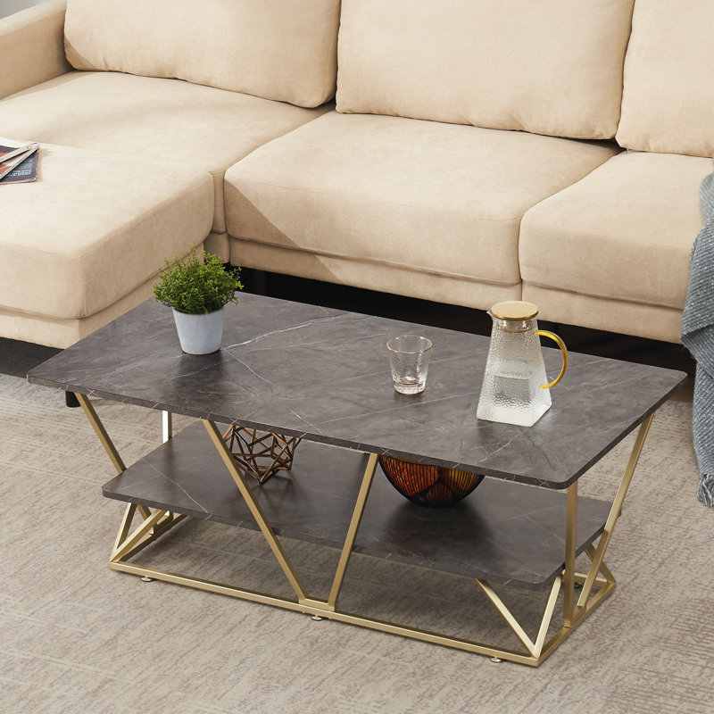 Table basse en faux marbre à 2 niveaux avec structure ouverte et structure géométrique, Gris
