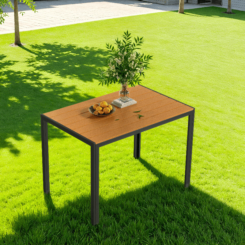 43×28in Outdoor Dining Table For 6, Wooden-like Top, Aluminum Frame, Weather Resistant, , Ideal For Garden, Patio, Poolside, Porch,