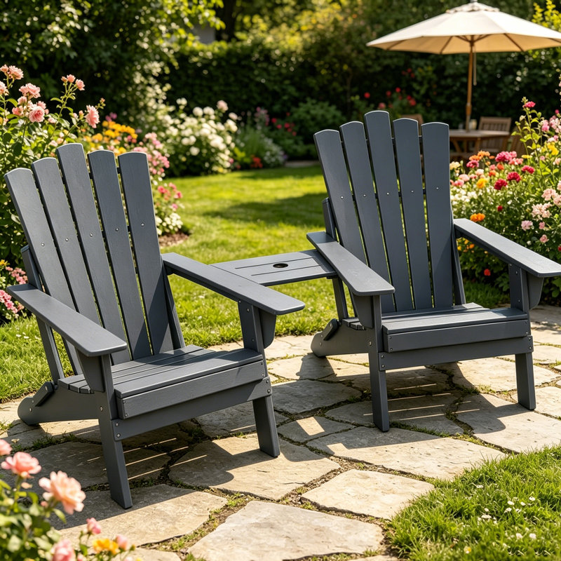 Set Of 2 Folding-Adirondack-Chairs With Connecting Tray, Gray