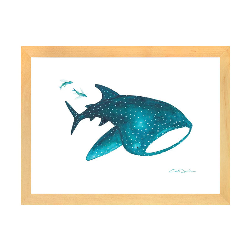 " Whale Shark And Fishes ", White, Beige Framed Paper, 24" H x 32" W x 1" D