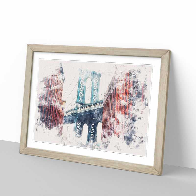 George Washington Bridge - Picture Frame Painting Print, 45cm H x 63cm W x 2cm D, Oak Framed
