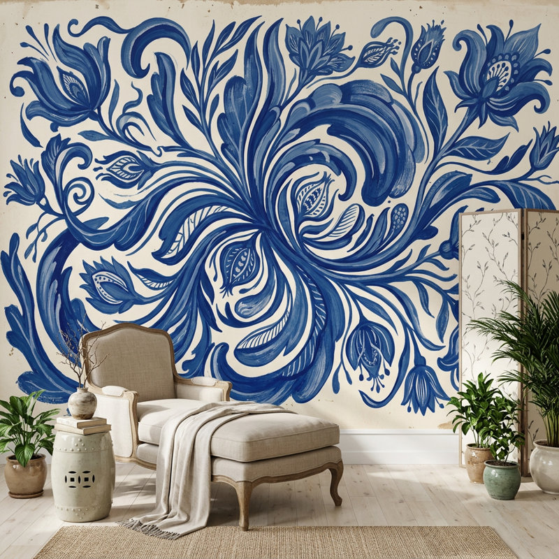 Décoration murale bleue et blanche à motif de volutes à motif floral, 100 po x 96 po, Non tissé