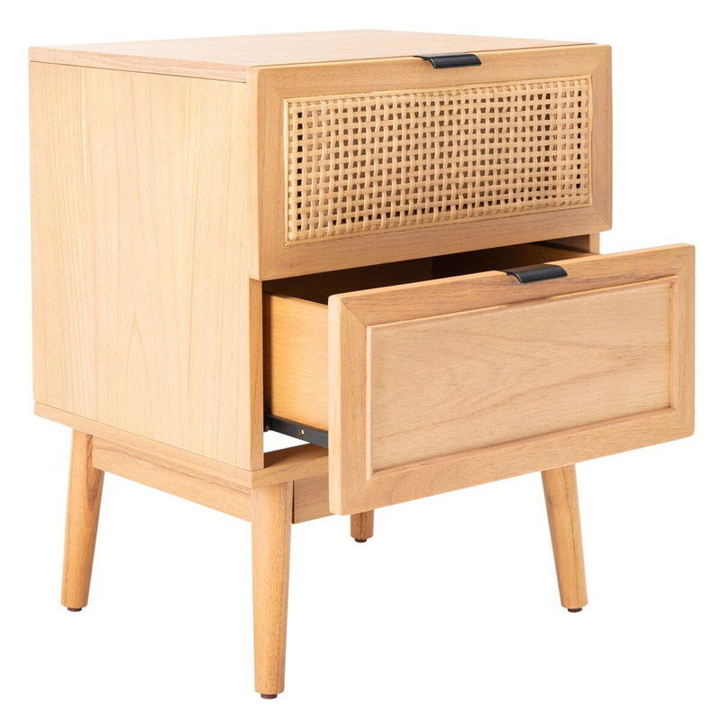 Elegant Neruda 2-Drawer Rattan Nightstand –Coastal Farmhouse with Mahogany Wood, Roller Glide Drawer, Natural
