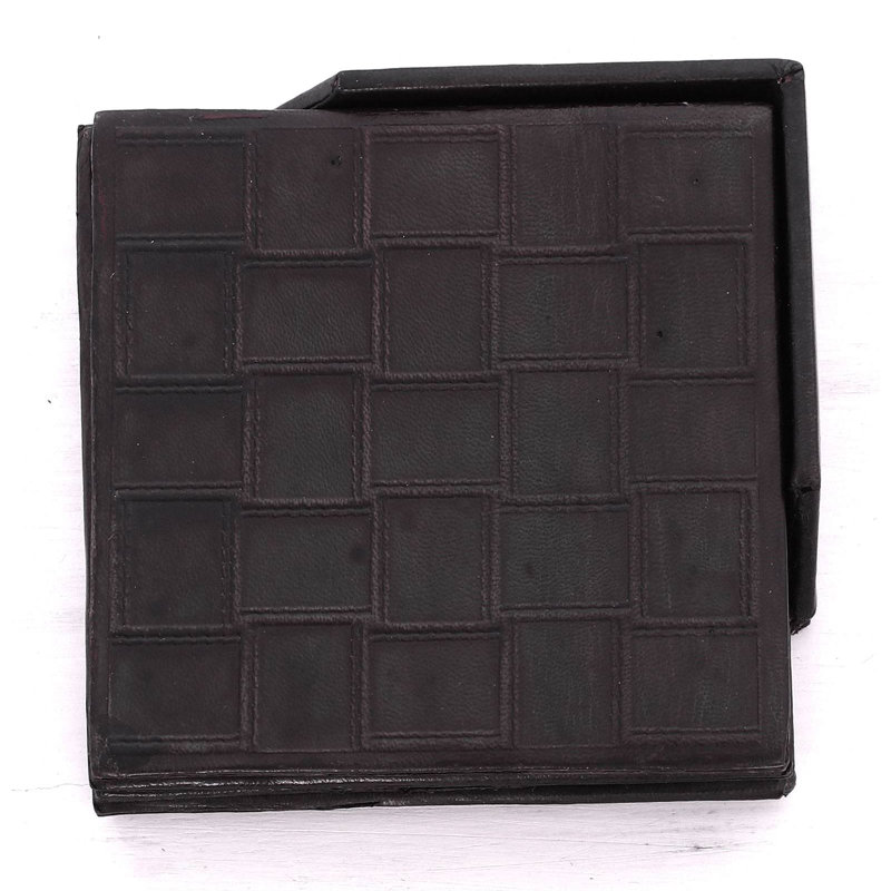 Leather Square 4 Piece Coaster Set With Holder