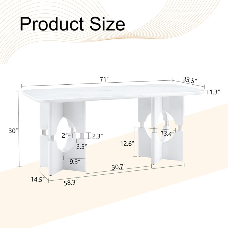 Table de salle à manger moderne en bois aggloméré avec motif en marbre blanc, structure creuse en métal élégante, convient aux tables de salle à manger compactes dans les petits espaces