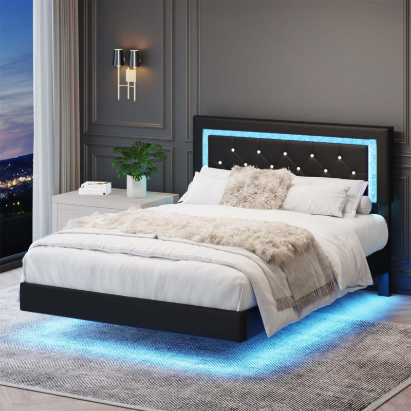 Upholstered Bed Frame With Diamond Tufted Headboard And RGB LED Lights, No Box Spring Required, Noir, Lit double