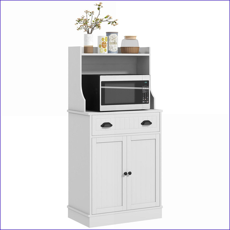 Armoire de cuisine avec support pour micro-ondes, tiroir et amp; Tablette réglable | Bois aggloméré blanc moderne