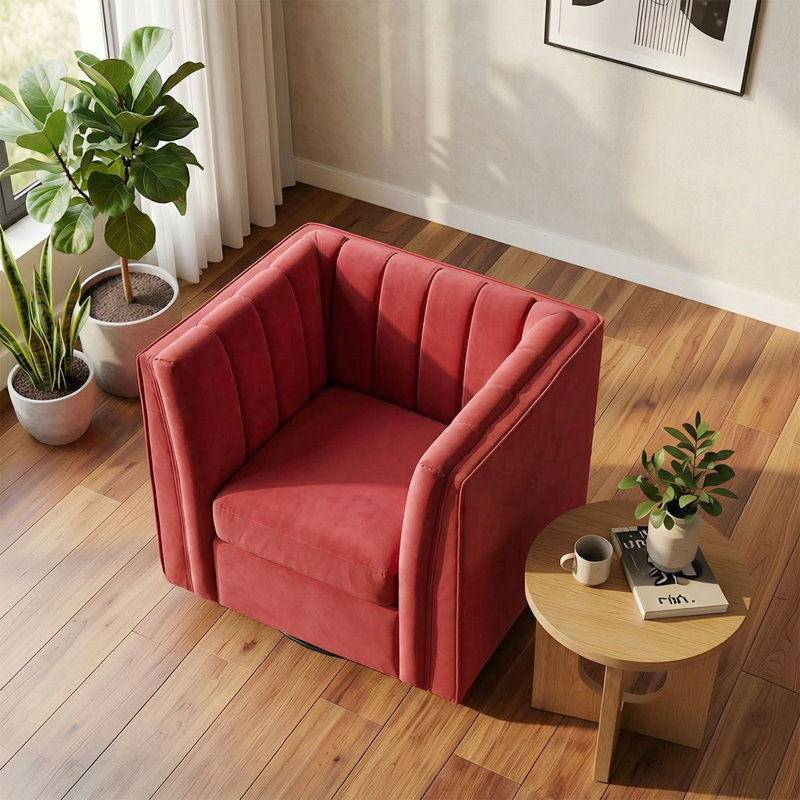 35.4'' Wide Upholstered Swivel Chair, Rose Chenille