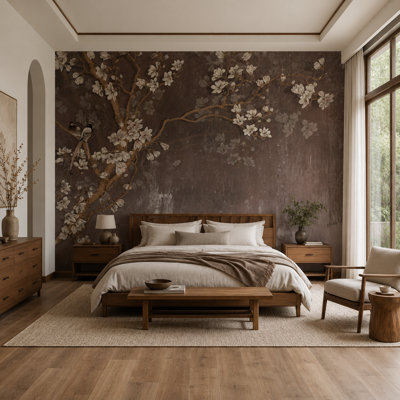 Papier peint botanique brun à motif de magnolia avec aspect texturé