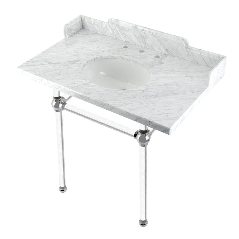 Kingston Brass Pemberton 36-Inch Carrara Marble Console Sink with Acrylic Legs (8-Inch, 3-Hole), Marble White/Polished Chrome