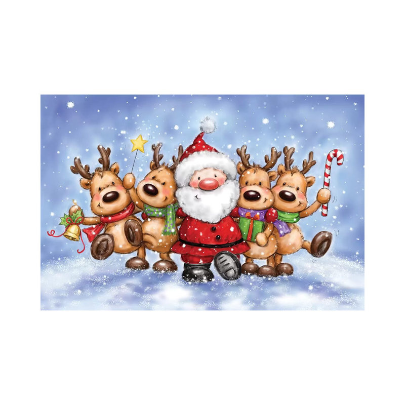 Père Noël avec des rennes par Makiko - peinture sur toile tendue, H 18 po x l 26 po x P 1,5 po