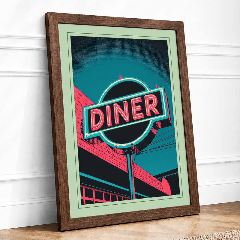 Neon Diner Sign Retro - Framed Print, Walnut, A4 - 29.7 x 21.0 cm