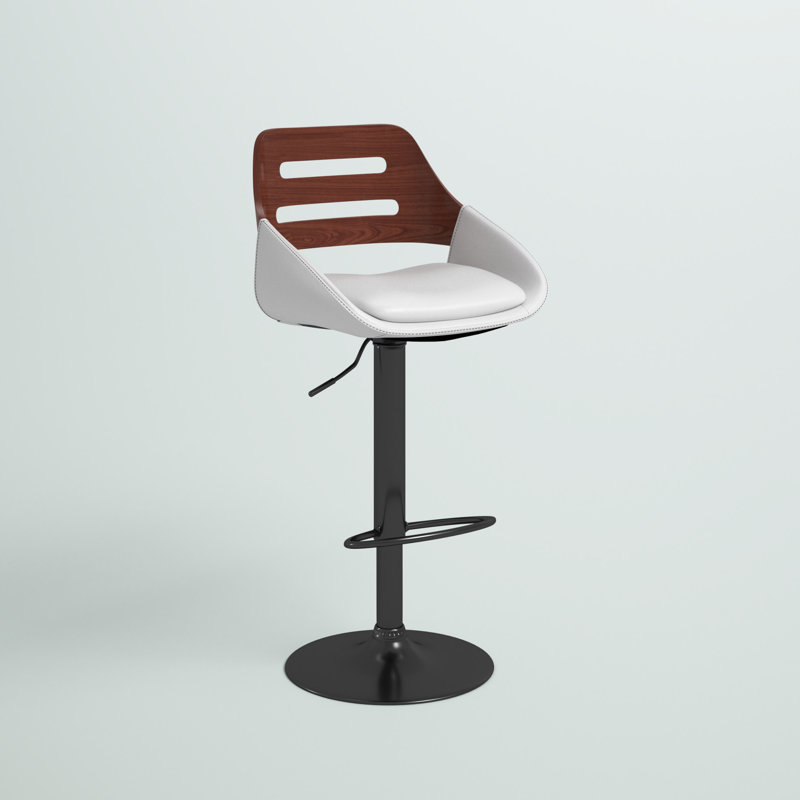 Swivel Adjustable Height Bar Stool with Pedestal Metal Base in Faux Leather and Wood, Black/Walnut, Gray