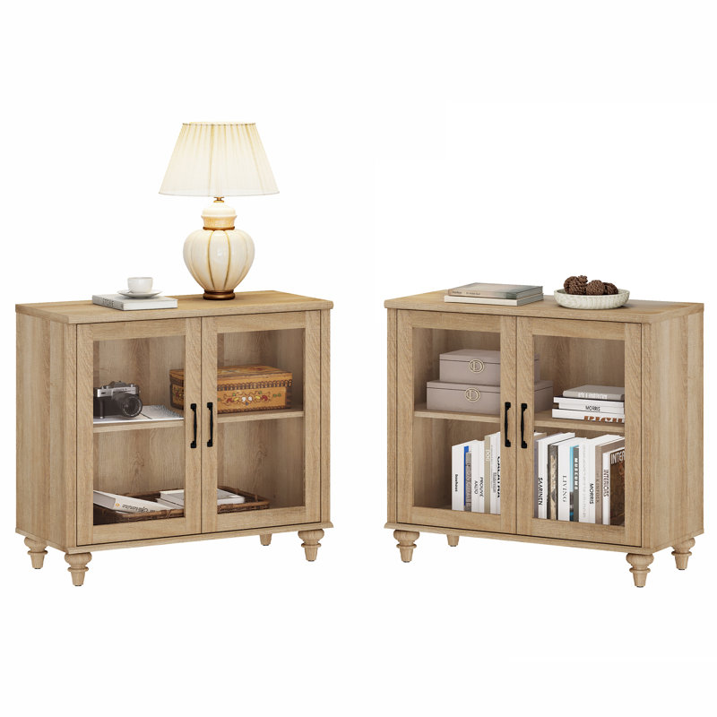 Nightstand For Bedroom With Glass Doors, Mid Century Modern Wooden Closet Storage Organizer, Set of 2, Oak/Oak
