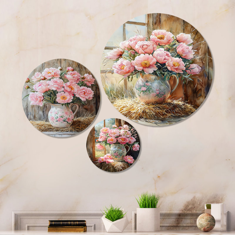 Bouquet de pivoines champêtres dans un vase à lait I - ensemble de 3 impressions murales florales