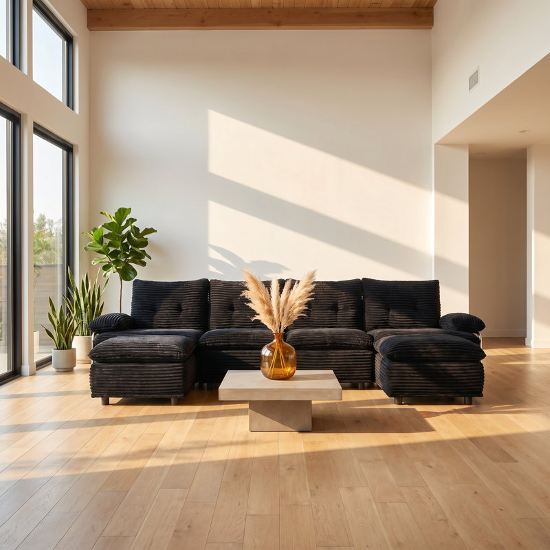 140.94" U-Shaped Modern Sofa Modular Sectional Couch with 2 Ottomans, 6-Seat Corduroy Upholstery, Deep Seat Comfort, Black