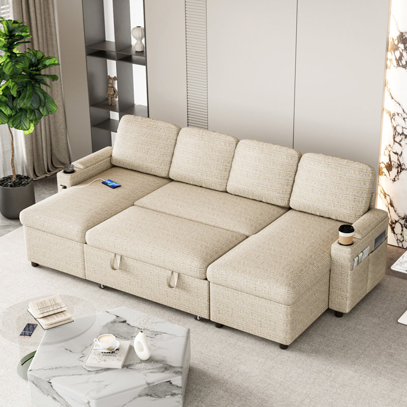 Corner Sofa Bed, U-shaped Sleeper Sectional Couch Bed, 3-in-1 Convertible Pull Out Sofa Bed With Adjustable Backrest, Storage, Usb And Cup Holder For Living Room