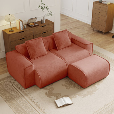 Streamlined 2-seat L-shaped Modular Boneless Sofa - Brown Velvet Sectional With French Edge Piping, Throw Pillows, Movable Ottoman & Tool-free Setup