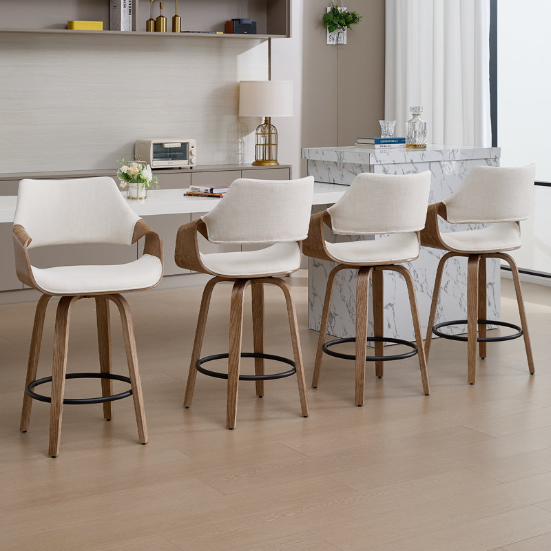 Modern Upholstered Counter Stools, 26 Inch Swivel Bar Stools With Hollow Back And Wooden Legs For Kitchen Island,Kitchen Bar Height Stools