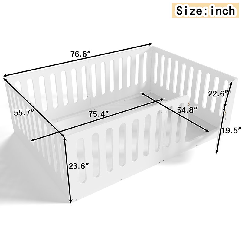 Twin Size Montessori Kids Floor Bed with High Guard, Solid Wood Twin Bed with Door, Low-Profile & Safe Design, White, Full