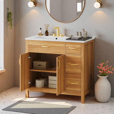 36" Wood Bathroom Vanity With Solid Wood Frame, 2 Soft Close Doors, 3 Soft Close Drawers, Adjustable Shelf, Modern Storage Cabinet For Small Bathrooms