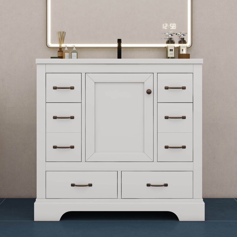 Meuble-lavabo moderne 36 po sans lavabo avec séparateur de tiroir multifonctionnel et tablette réglable, Blanc/Noir