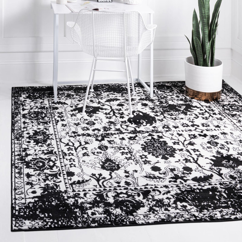 Tapis oriental blanc / noir Ortilio, Carré 6 pi 1 po, Black