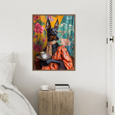 «The Tea Connoisseur Doberman» par Keyshanna, reproduction d'art sur toile encadrée
