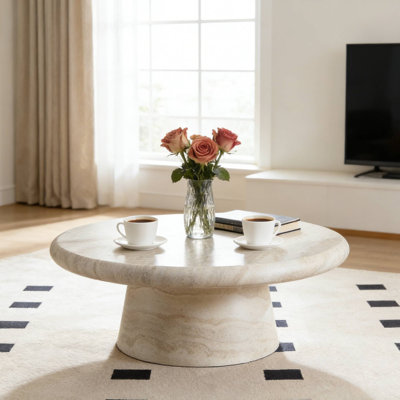 35.43" Space-Saving Round Coffee Table, FRP Matte Marble-Like For Living Room Condo Reading Corner
