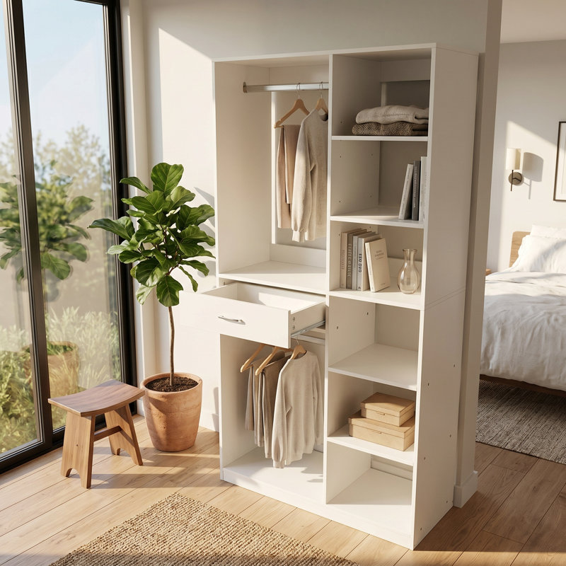 Armoire-penderie 40 po, armoire de rangement avec 6 tablettes ouvertes, 2 tringles et tiroir de rangement