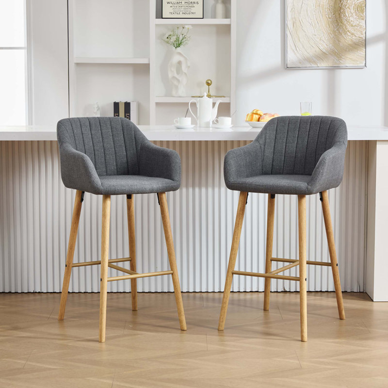 Modern Bar Stools Set of 2, Kitchen Island Tall Chairs with Back, Arm, Footrest and Solid Wood Leg, Linen Fabric Upholstered Bar Stools